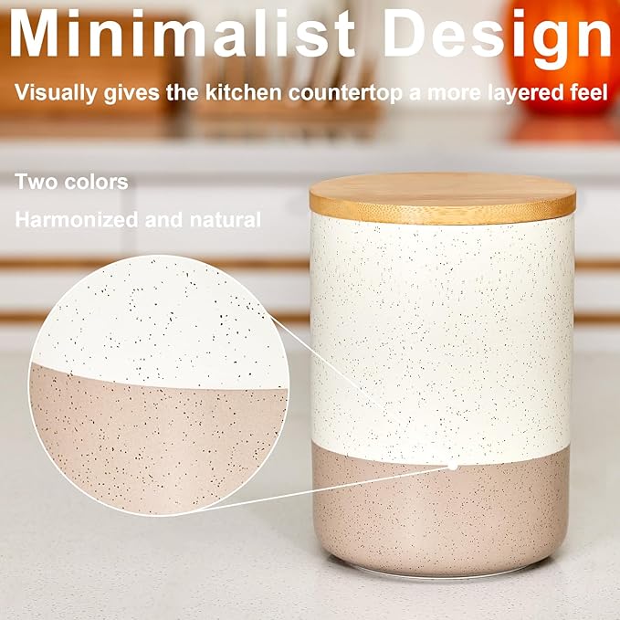 Yangbaga Canisters Sets for Kitchen Countertop-Set of 4 Ceramic Kitchen Canisters Food Storage Jar with Airtight Wood Lids & Spoons & Label,Large Flour and Sugar Containers for Serving Ground Coffee