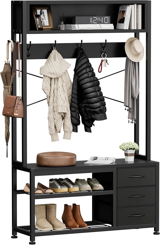 Lulive Hall Tree with Bench and Shoe Storage, 31.5" Coat Rack Freestanding with 2-Tier Storage Shelf, 6-in-1 Entryway Bench Coat Rack with 12 Hooks and 3 Drawers(Black)