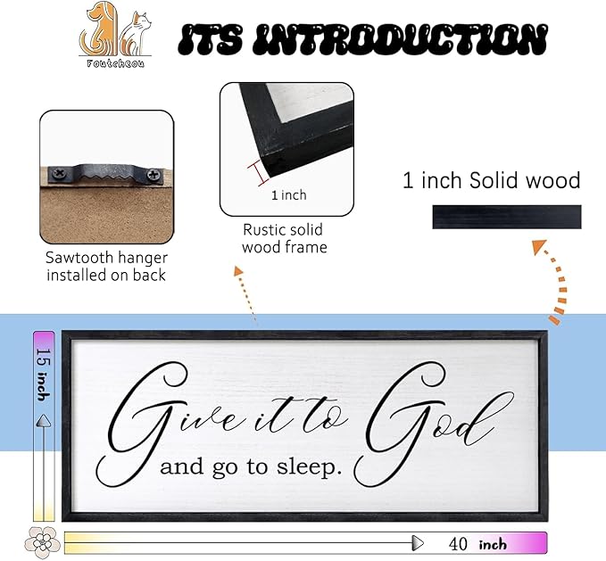 Give It To God And Go To Sleep Sign Wall Decor 40x15 Inch Large Farmhouse Master Bedroom Above Bed Hanging Wall Art Rustic Guest Room Wood Framed Over Bed Wall Decoration (Black)