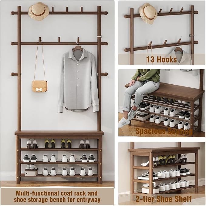 Bamboo Hall Tree with 13 Hook, 6-in-1 Entryway Bench with Coat Rack Freestanding, Coat Rack with Shoe Storage Bench Organizer for Mudroom, Bedroom, All-in-One Shoe Rack,Walnut