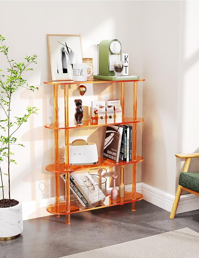Clear Bookshelf, Acrylic Bookcase with Open Book Shelf for Office Living Room Bedroom (4 Tier Orange)