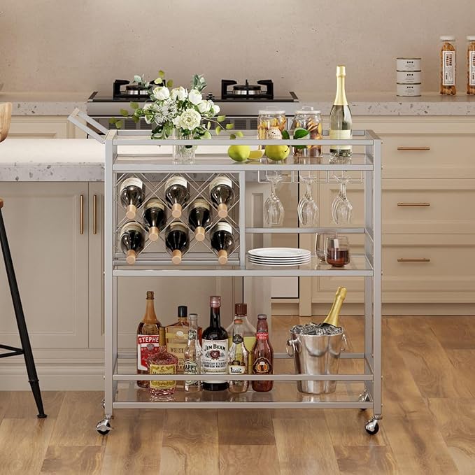 FATORRI Bar Cart Silver, Bar Carts for The Home, Home Bar Serving Carts for Liquor, Rolling Wine Cart with 3 Tier Mirrored Shelves on Wheels for Alcohol and Beverage (Silver)