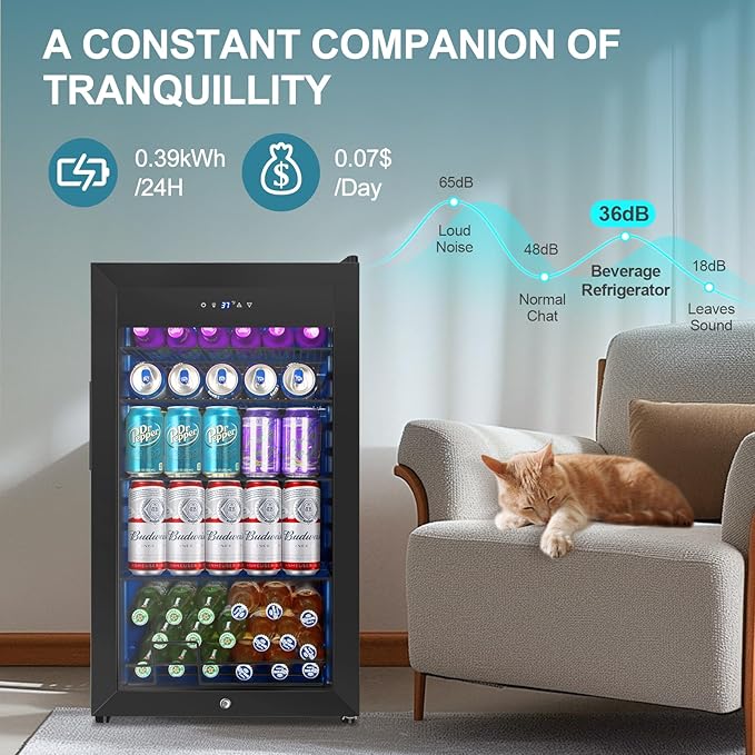 Beverage Refrigerator Cooler, 128 Cans 3.2 Cu.Ft Mini Fridge Glass Door for Drink Beer Soda Wine, Small Fridge with 4 Adjustable Removable Shelves for Kitchen, Bedroom, Office, Bar, Gaming Room, Black