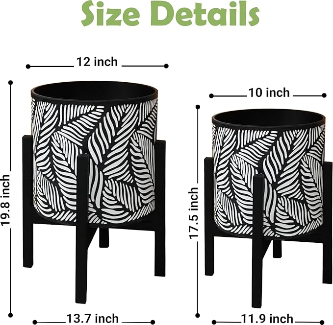 10 & 12 Inches Plant Pot with Stand Set of 2, Decorative Palm Leaves Printing Planter with Holder, Garden Pot for Snake Plant, Monstera, Houseplants - Indoor Outdoor Flower Pots with Drainage Holes