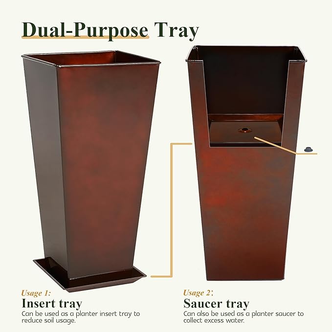 WORTH Garden 28" Large Metal Glazed Planter Set of 2, Luxurious Glossy Finish Red Tall Square Tapered Steel Plant Pots, Decor Flower Pot Indoor & Outdoor, Drainage Hole & Dual-Purpose Plant Saucer
