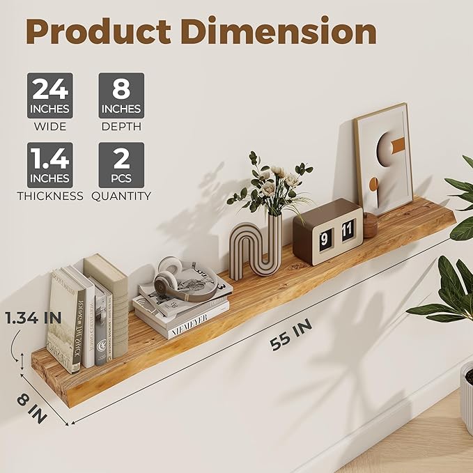 Axeman 55 inch Floating Shelves for Wall - 8'' D Live Edge Rustic Solid Elm Wood Floating Shelves Wall Mounted, Hanging Shelves with Invisible Bracket for Living Room Bedroom Kitchen, Natural