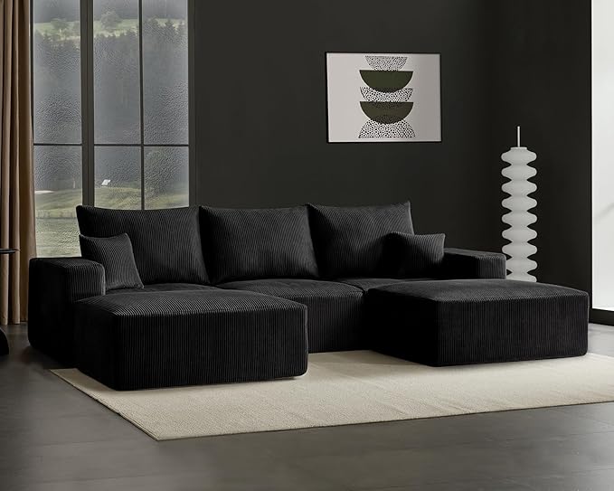 40" Square Stuffed Ottoman Pouf for Sofa Couch, Corduroy Poufs with Foam Chunk Filling, Furry & Fluffy Foot Stool Movable Ottoman. 40 * 31 Floor Poufs Foot Rest for Living Room, Black