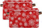 Christmas White Snowflakes on Red Storage Basket Cube Storage Bins Organizer Bag Collapsible Closet Shelf Baskets with handle for Baby Cloth Pet Toy Book 14.2×10.2×8.3 IN