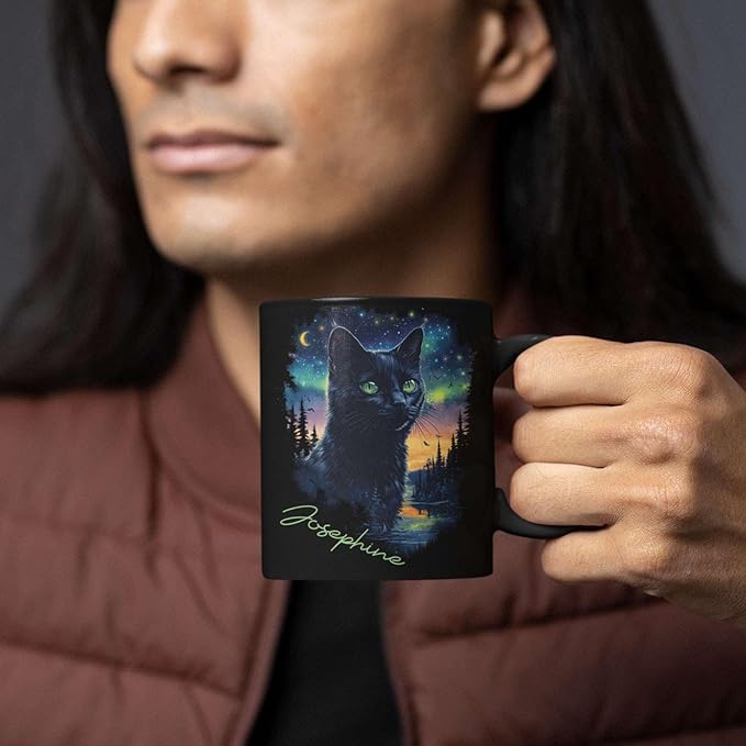 Custom Cute Cat Coffee Mug With Northern Lights, Customized Name Ceramic Mug 11oz 15oz, Beautiful Nature Scene Mug, Personalized Animal Lovers Black Cup, Gift For Pet Enthusiasts