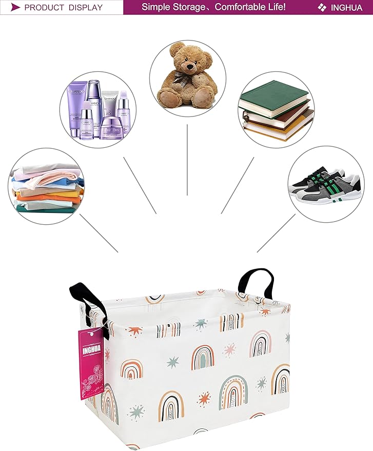 Rectangular Storage Basket Fabric Organizer Bin for Toys,Books,Clothes,Gifts,Pets-Perfect for Home,Office,Nursery,Dorm,Shelf(Rec-Star Rainbow )