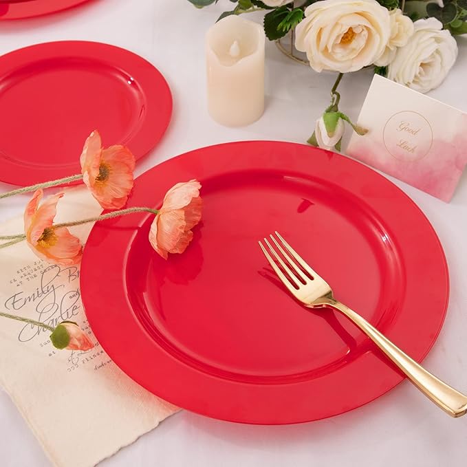 FLOWERCAT 60PCS Red Plastic Plates - Heavy Duty Red Plates Disposable for Party - Include 30PCS 10.25inch and 30PCS 7.5inch for 30 guests Party & Christmas & New Year