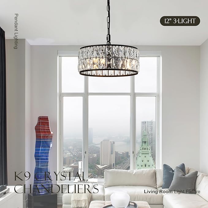 12” 3-Light Modern Crystal Chandeliers Black Dinning Room Light Fixture, Round Pendant Light Kitchen Island Chandelier, Flush Mount Ceiling Light for Living Room Entryway Bedroom Foyer