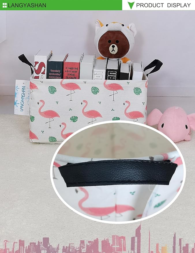 LANGYASHAN Rectangular Storage Bin Collapse Canvas Fabric Cartoon Storage Basket with Handles for Organizing Home Kitchen Boys and Girls Toys Office Closet Shelf Baskets(Rec Leaf Flamingo)