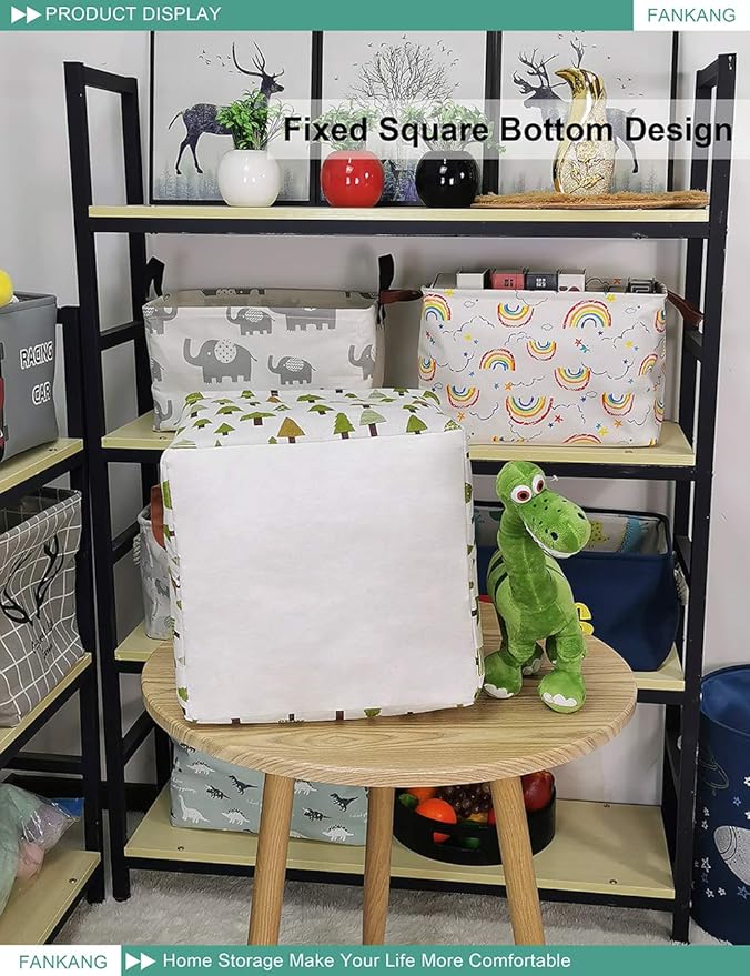 FANKANG Square Nursery Hamper Storage Bins Canvas Laundry Basket Foldable with Waterproof PE Coating Large Storage Baskets Gift Baskets for Children Office Bedroom ClothesToys (SquareGreen forest)