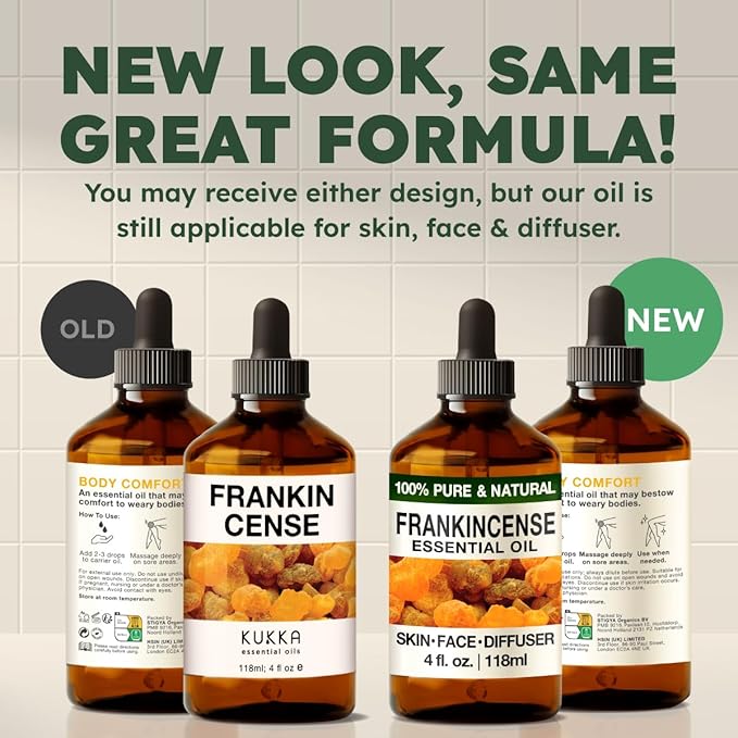 Kukka Frankincense Essential Oil for Face & Skin - 4 Fl Oz - 100% Pure Natural Frankincense Oil Made from Ethiopia Resin - A Holy & Woody Scent for Body Comfort, Aromatherapy & DIY Soap Making