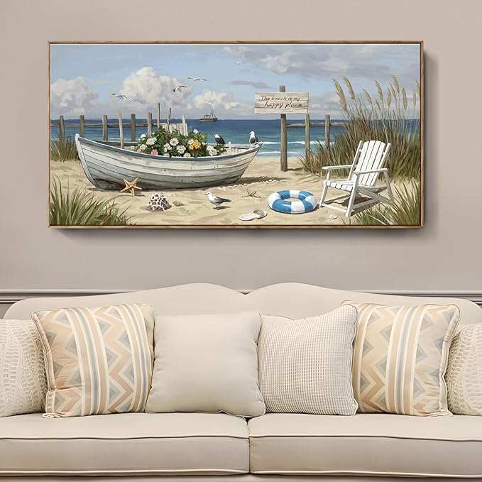 amatop Giant Framed Beach Wall Art Large Nautical Seaside Canvas Print Flower Boat Ocean Horizontal Landscape Picture Sea Birds Artwork for Coastal Farmhouse Living Room Bedroom Office Decor 58×29 Inch