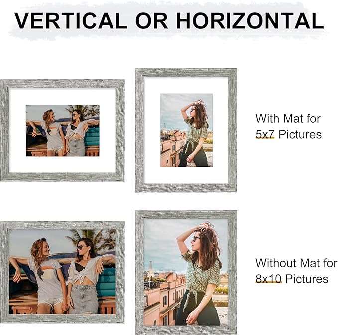 Vittanly 8x10 Picture Frames Set of 9, Shatter Resistant Plexiglass, Display 5x7 Pictures with Mat or 8x10 without Mat, Photo Frames for Wall or Tabletop, Engineered Wood, Grey
