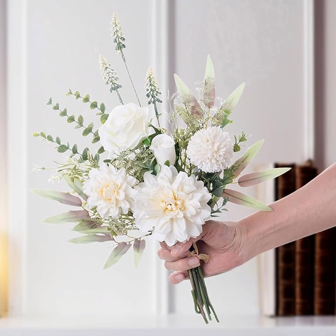 Fake Flowers in Vase, Artificial Flowers with Vase, 15.7'' Floral Arrangements for Dining Table Centerpiece Decor, Silk Roses & Faux Dahlia Bouquet for Farmfouse Kitchen Coffee Table Decor (White)