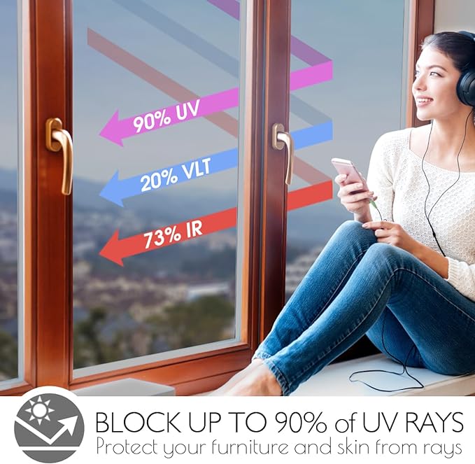 HIDBEA One Way Privacy Window Film, Daytime Mirror Reflective Heat Control UV Sun Blocking Non-Adhesive Static Cling Window Tint for Home and Office(Gray-Silver, 17.5 Inch x 6.5 Feet)