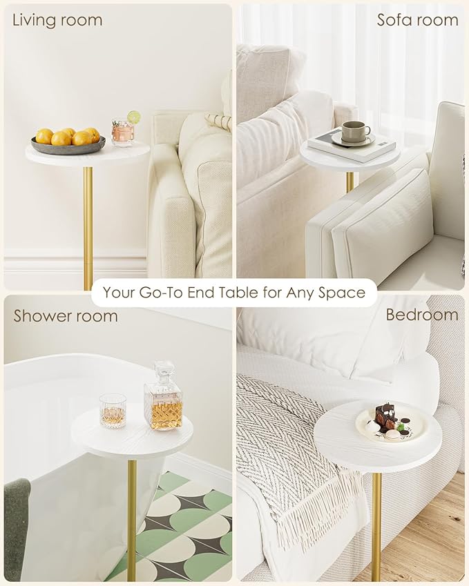 Masupu Drink Table, Round Side Table for Small Spaces, Pedestal Side Table, Small End Table with Metal Base, for Living Room, Bedroom, Bathroom, White Gold