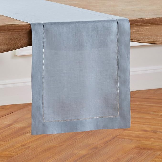 Solino Home Linen Dusty Blue Table Runner 90 Inches Long - 100% Pure Linen Hemstitch 14 x 90 Inch Table Runner for Dining, Fall, Autumn, Thanksgiving - Classic Hemstitch