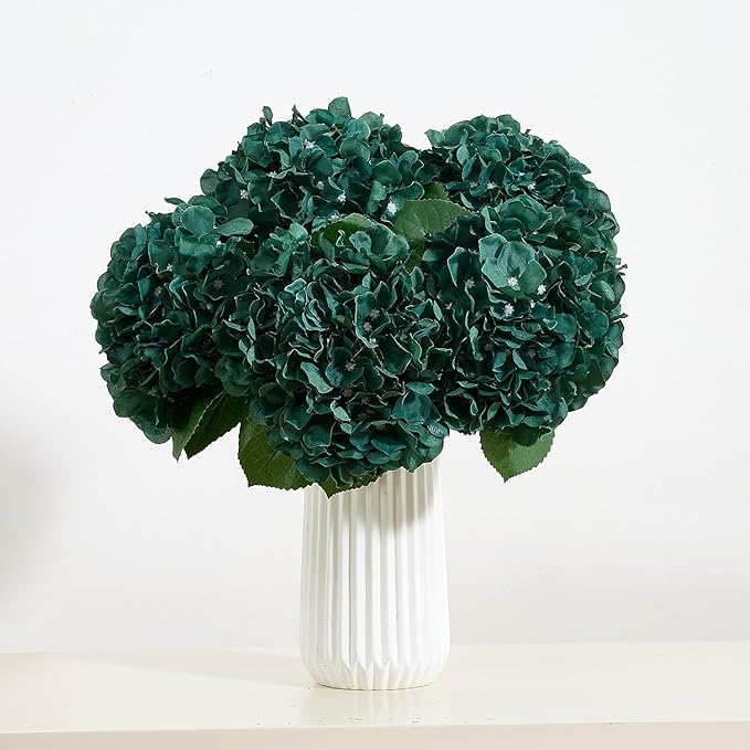 8Pcs Emerald Green Fake Flowers Silk Hydrangea Artificial Flowers Bouquets Faux Hydrangea Stems for Home Table Centerpieces Wedding Party Decoration