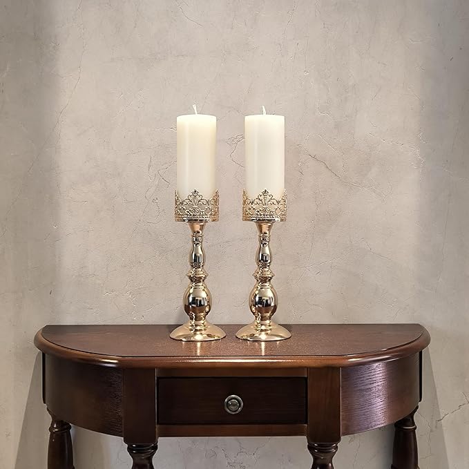 Candle Holders for Pillar Candles Gothic Matte Black Vintage Tall Candle Holders Set of 2 Decorative Large Table Centerpieces Candle Stand Decor (Gold 2PCS A)