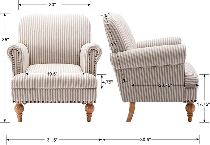 chairus Linen Accent Chair for Living Room Set of 2 Upholstered Mid Century Modern Single Sofa Chair with Solid Wood Legs Comfy Reading Chair Armchair for Bedroom/Office/Recption/Lounge, Khaki Stripe
