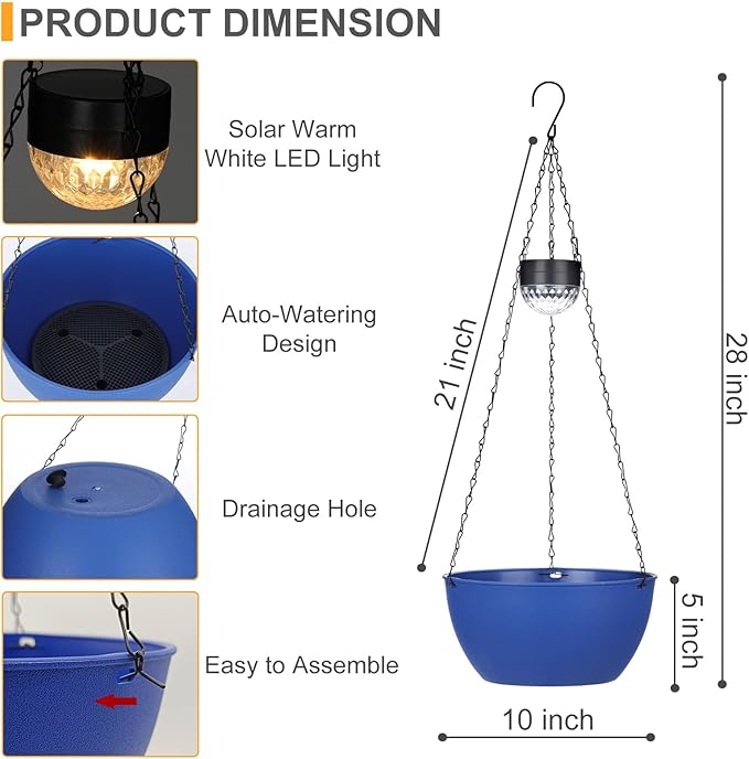 2 Packs Hanging Planters Basket for Outdoor Plants, Solar Powered Self Watering Blue Round Plastic Flower Pots with Drainer for Balcony Patio Garden Outdoor Decoration