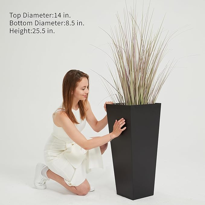 Worth Garden 2-Pack Black Matte Texture Square Tapered Planter - 25.5" H. Tall Plastic Plant Pots with Drain Hole for Indoor Outdoor - Modern Decorative Flower Pots for Front Porch, Patio, Deck