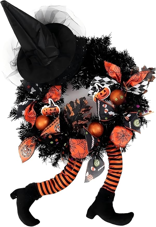 Happy Halloween Wreath for Front Door Decoration with Skeleton Artificial Bone Orange Ornaments Maple Leaf for Party Decor (Halloween Orange)