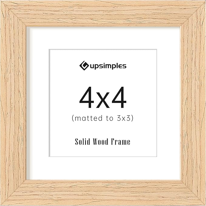 upsimples 4x4 Picture Frame, Natural Solid Wooden Picture Frames, Display 3x3 with Mat or 4 x 4 Without Mat, Wall or Tabletop, 1 Pack, Natural