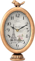 Vintage Table Clock with Bird, Desk and Shelf Decor Clock, French Paris Style, Antique Gold Metal Mantel Clocks for Living Room, Farmhouse, Bedroom, Bedside, Gift (10" H x 5.9" W)