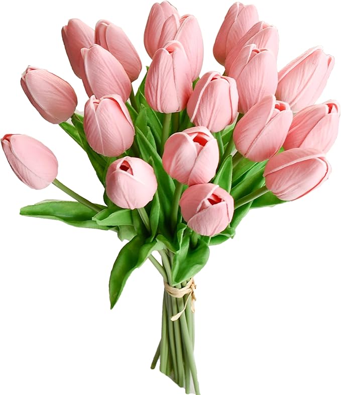 Mandy's Artificial Tulips 20 Stems Dusty Pink PU Faux Flowers for Wedding Home Decor 13.5 Inch