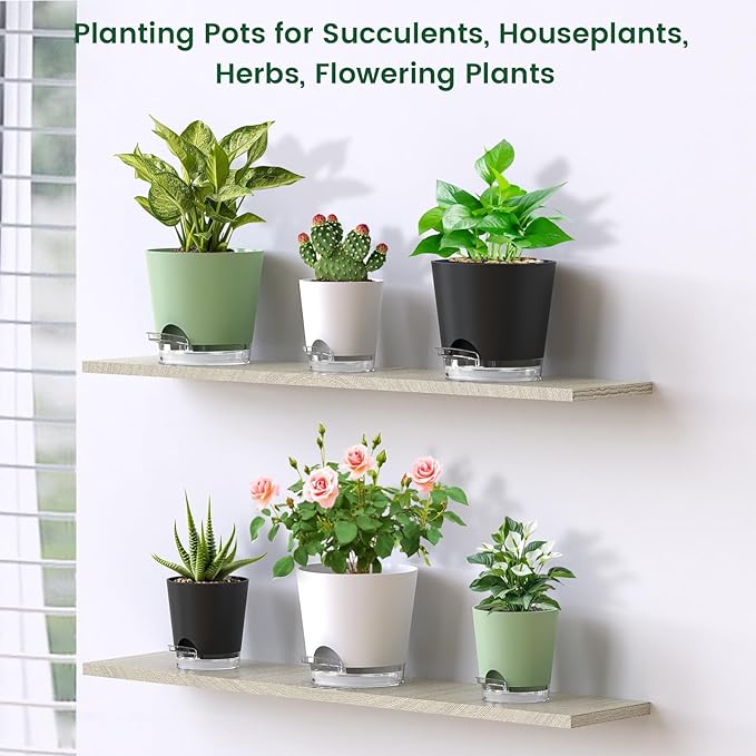 4 inch Self Watering Pots for Indoor Plants, 5 Pack Small Flower Plant Pots with Drainage Holes and Clear Reservoirs, Visible Water Level, Plastic Planters with Wicking Rope, Green