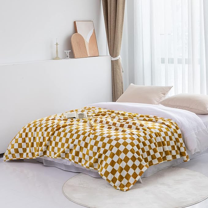 LOMAO Throw Blankets Flannel Blanket with Checkerboard Grid Pattern Soft Throw Blanket for Couch, Bed, Sofa Luxurious Warm and Cozy for All Seasons (Yellow, 60"x80")