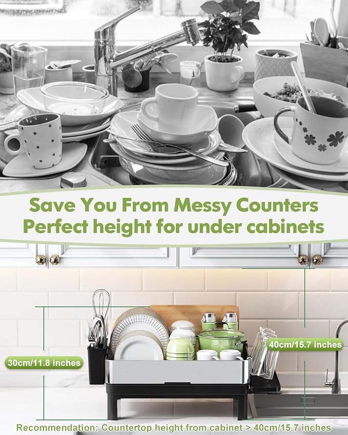 BOOSINY Stainless Steel Dish Drying Rack, Dish Racks for Kitchen Counter, Rust Proof Dish Drainer and Drainboard Set, Small Dryer with Drainage, Utensil Holder and Cup Holder