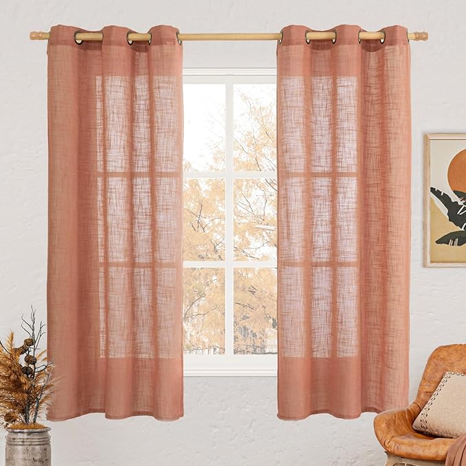 LAMIT Terracotta Linen Curtains 63 Inch for Bedroom, Light Filtering Neutral Semi Sheer Window Boho Curtains Bronze Grommet Panels for Living Room, 2 Panels, 34 x 63 Inch