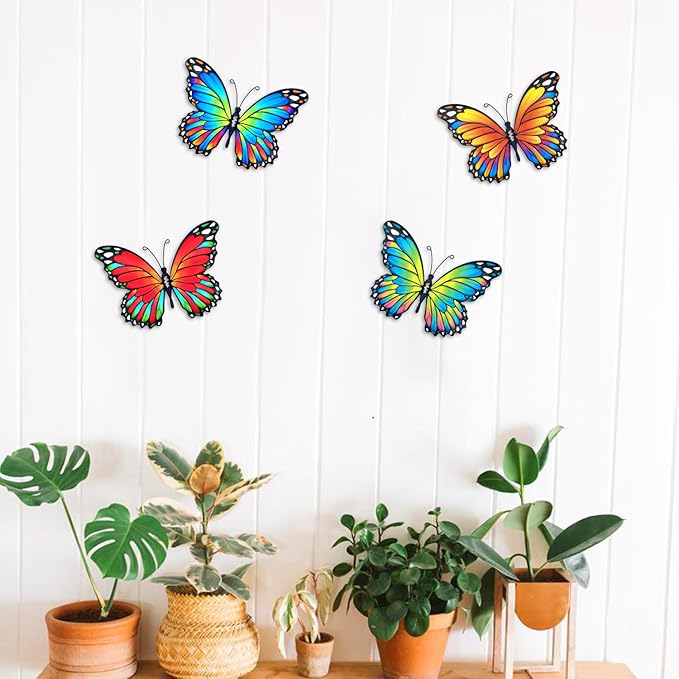 Oraytteo Metal Butterfly Outdoor Wall Decor - 4 Pack 9.8in Metal Butterflies Fence Art Decoration, Indoor Outdoor Patio Backyard Garden Decorations, Gift for Mom Dad Friends