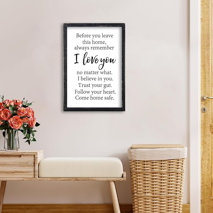 Before You Leave This Home Sign Wall Decor 16x11 Inch I Love You Inspirational Entryway Wood Framed Wall Hang Art (Black)