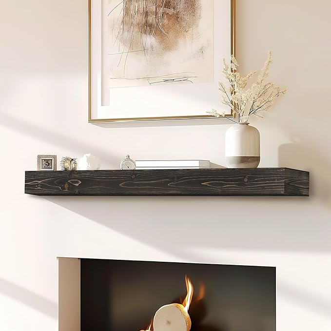 48x8x3 Fireplace Mantel - Handcrafted Hollow Rustic Solid Wood Wall Mounted Floating Shelf with Invisible Heavy Duty Wood Bracket (Weathered Black)