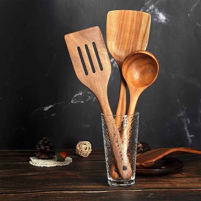 Teak Wooden Spoons for Cooking - 8Pcs Kitchen Utensils Set With Spatulas