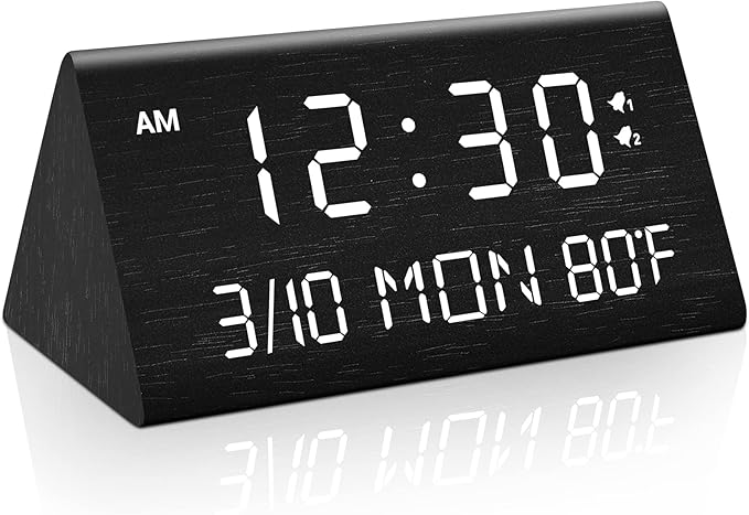 Kogonee Wooden Digital Alarm Clock, 0-100% Dimmer, 2 Alarm Settings, Weekday/Everyday Mode, 9 Mins Snooze, 12/24H, Temperature and Date Display for Office, Travel, Bedroom Alarm Clock (Black)