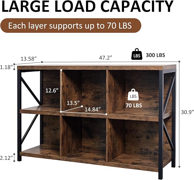 6 Cube Storage Organizer Bookshelf, Industrial Horizontal Bookcase, Accent Cubby Shelf, Media Console Table for Living Room, Home Office, 47.2 Inches, Rustic Brown