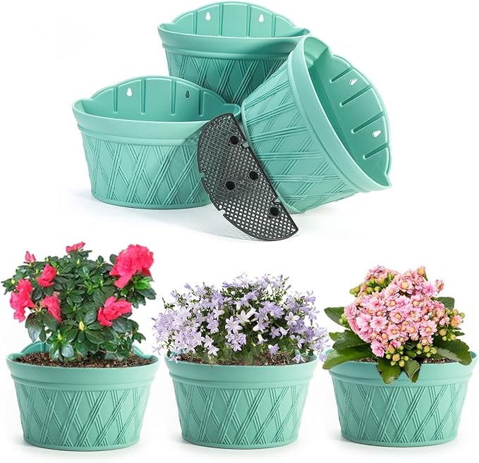 Sungmor Wall Hanging Planters,11.5 Inch Hanging Flower Pots for Railing Fence - Indoor Outdoor Balcony Wall Planter Hanging Basket, Plastic Pot Plant Container - Half Round & 3PC Pack & Green