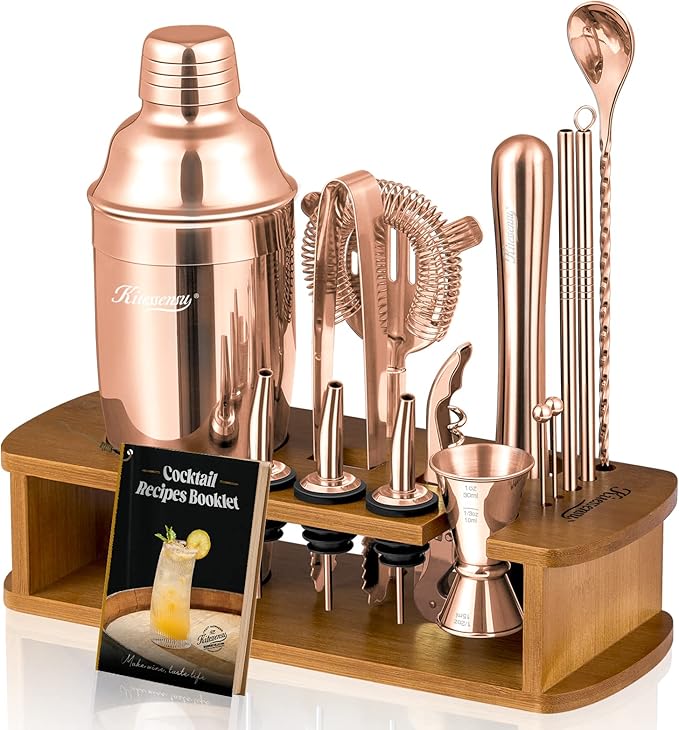 KITESSENSU Cocktail Shaker Set Bartender Kit with Stand - Drink Mixer Bar Set with All Essential Bar Accessory Tools - Martini Shaker Jigger Strainer Mixer Spoon Muddler Liquor Pourers - Rose Gold