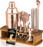 KITESSENSU Cocktail Shaker Set Bartender Kit with Stand - Drink Mixer Bar Set with All Essential Bar Accessory Tools - Martini Shaker Jigger Strainer Mixer Spoon Muddler Liquor Pourers - Rose Gold