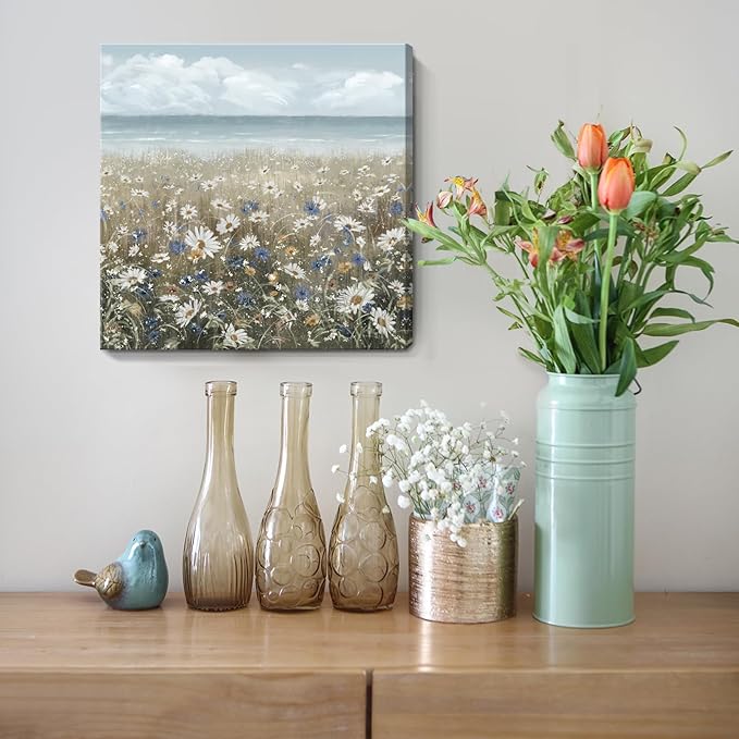 Canvas Wall Art Beach Floral Wall Picture Coastal Boho Farmhouse Daisy Flowers Nautical Sea Ocean Wildflowers Canvas Print Vintage Artwork for Small Rustic Bathroom Bedroom Living Room Office Décor
