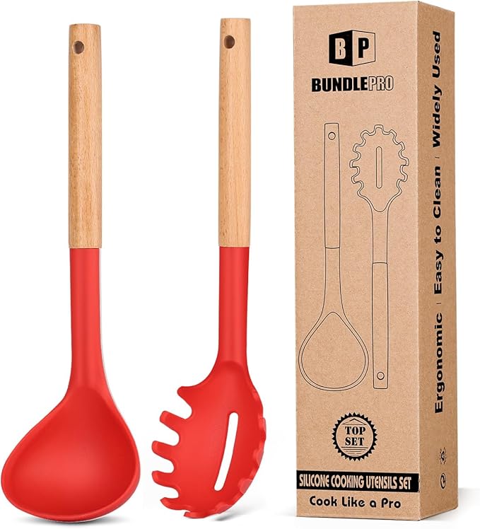 Silicone Pasta Fork and Ladle Spoon Set with Wooden Handle, Heat Resistant Non Stick Kitchen Utensils for Cooking, Stirring, Serving Spaghetti, Soup, Sauce(RED)