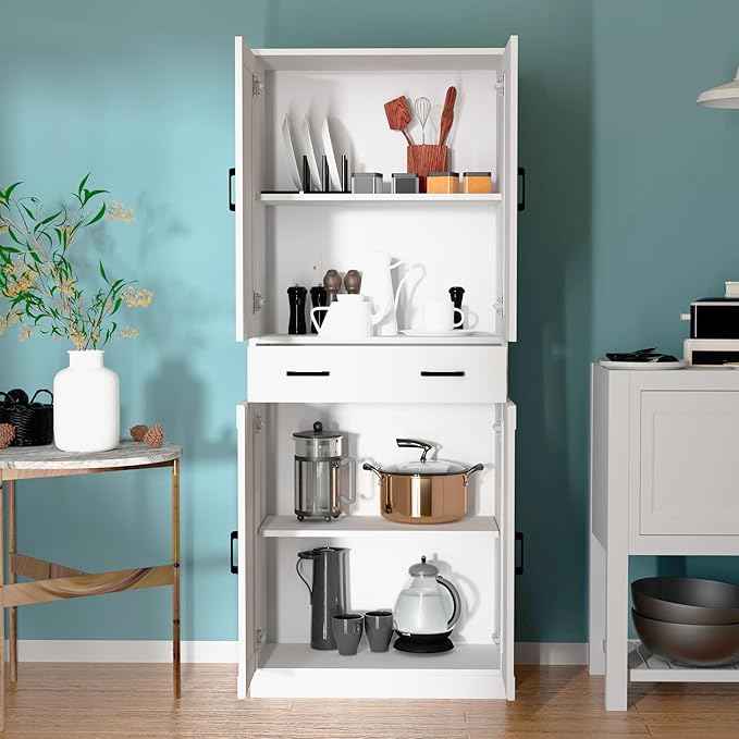 White Kitchen Pantry, 71" Tall Storage Cabinet with Doors and Drawer for Kitchen, Hallway, Office